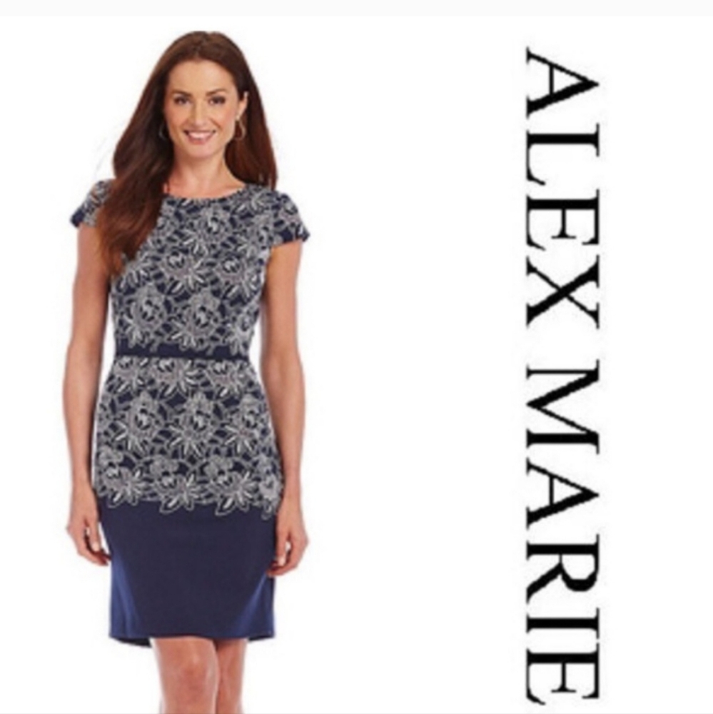 EUC Alex Marie Navy White Floral Embroidered Knee Length Sheath Dress (14) #655‎